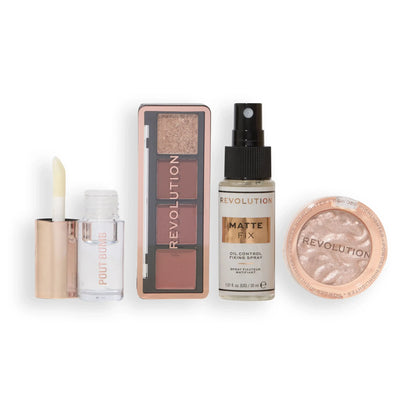 Revolution The Icons Minis Forever set featuring lipstick, eyeshadow palette, setting spray, and highlighter.