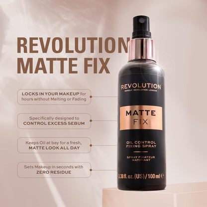 Revolution Matte Fix oil control fixing spray bottle with product details on a beige background