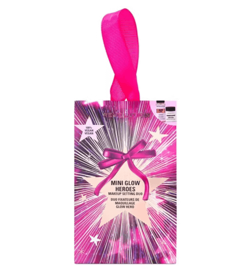 Revolution Mini Glow Heroes Makeup Setting Duo packaging with pink bow and starburst design.