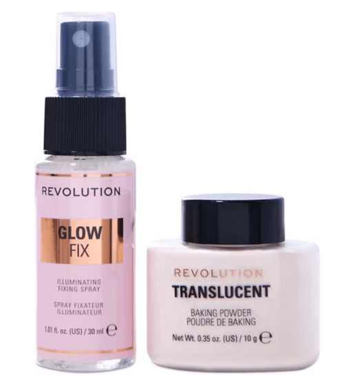 Revolution Mini Glow Heroes Makeup Setting Duo featuring Glow Fix illuminating spray and Translucent baking powder.