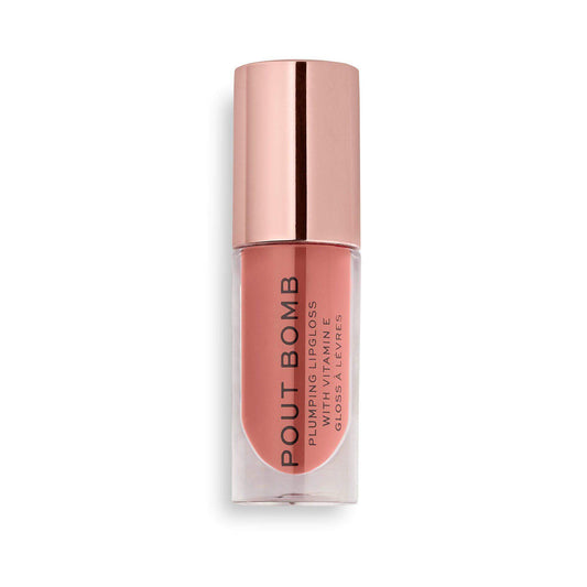 Makeup Revolution Pout Bomb Plumping Gloss in Kiss shade, a neutral pink lip gloss with a glossy finish and Vitamin E.