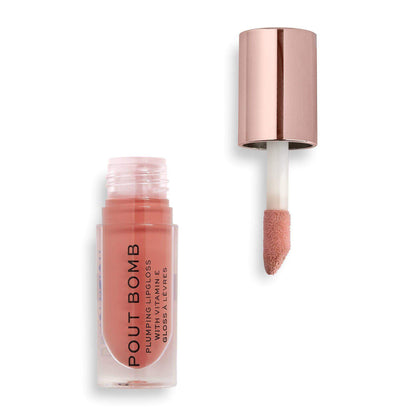 Makeup Revolution Pout Bomb Plumping Gloss in Kiss Nude shade, showing glossy lip gloss with applicator wand.