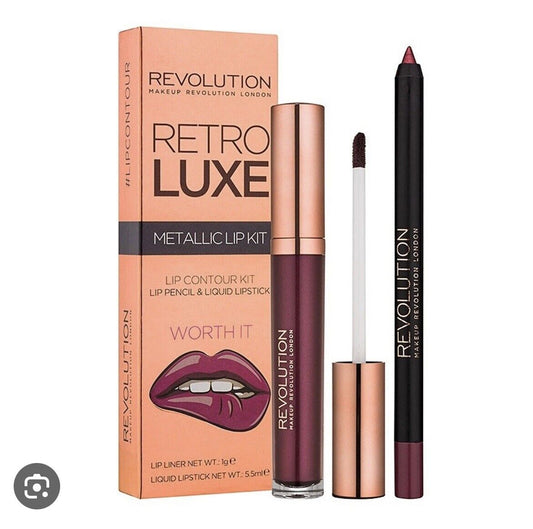 Makeup Revolution Retro Luxe Metallic Lip Kit 'Worth It' with liquid lipstick and lip liner.
