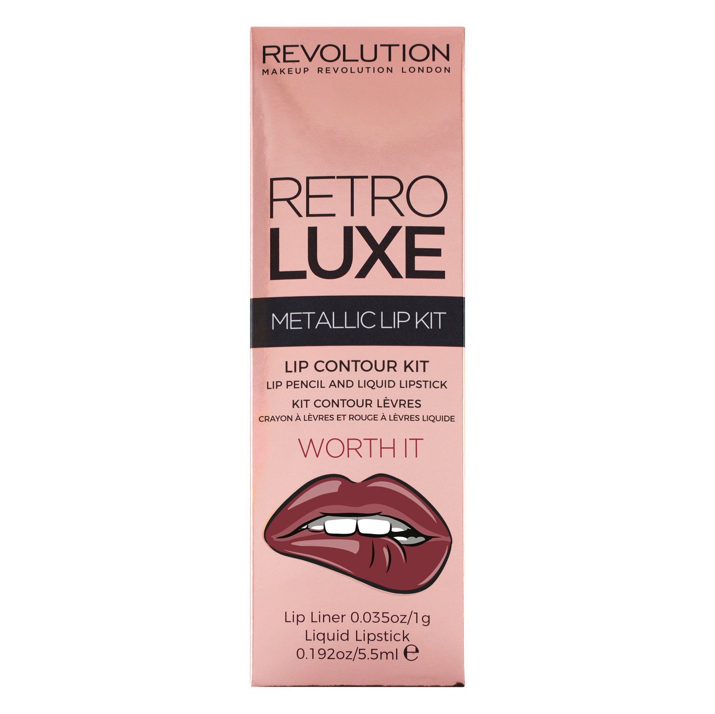 Revolution Retro Luxe Metallic Lip Kit packaging featuring lip liner and liquid lipstick, labeled 'Worth It'.