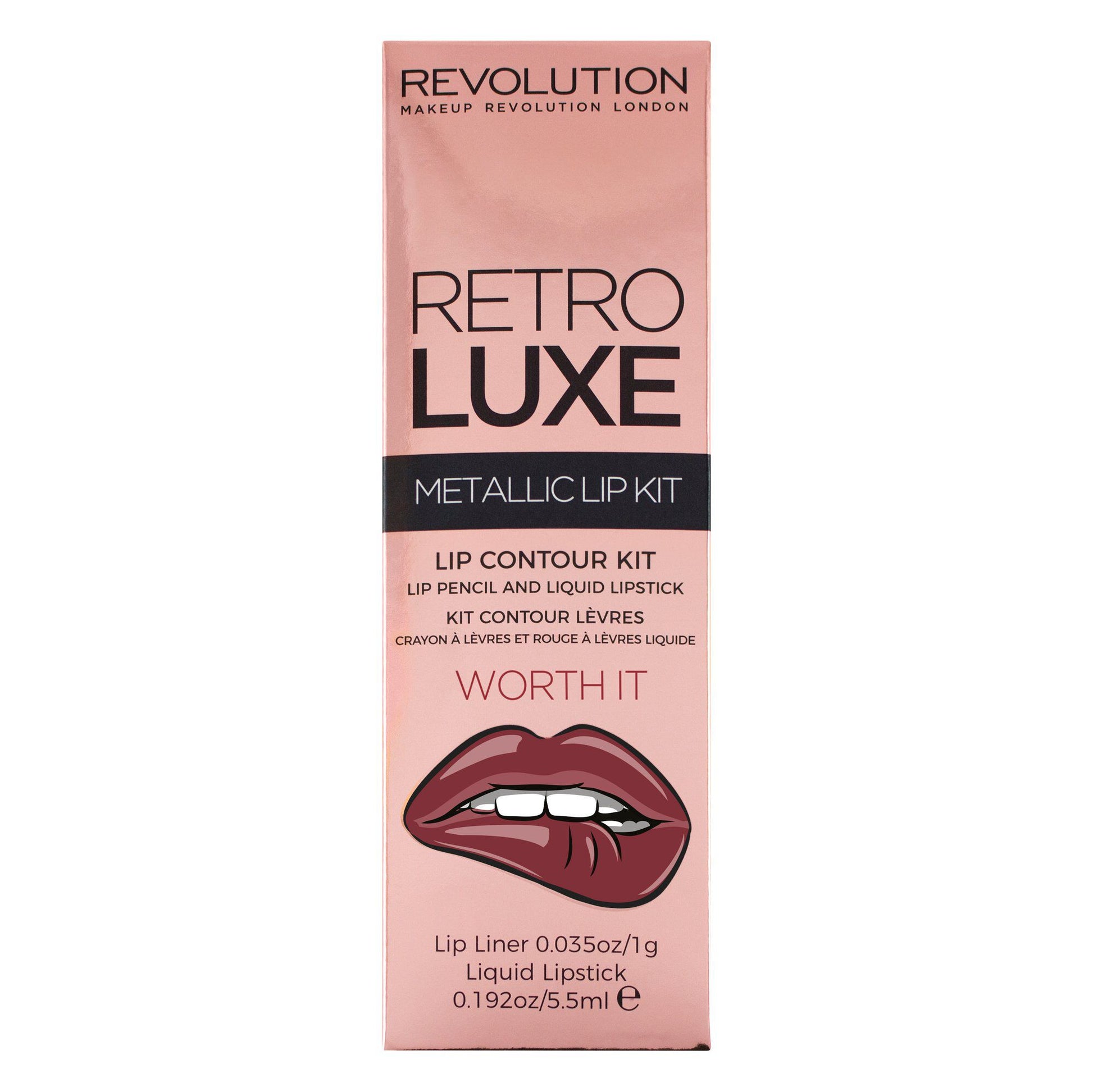 Revolution Retro Luxe Metallic Lip Kit packaging featuring lip liner and liquid lipstick, labeled 'Worth It'.