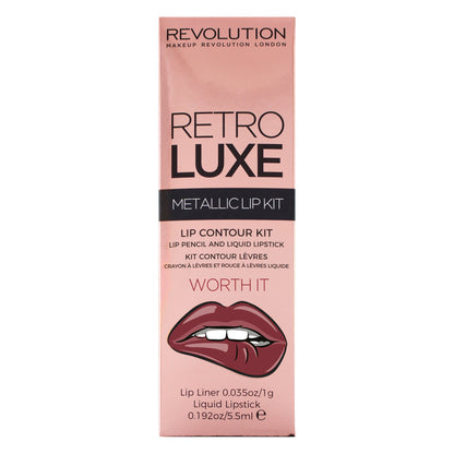 Revolution Retro Luxe Metallic Lip Kit packaging featuring lip liner and liquid lipstick, labeled 'Worth It'.