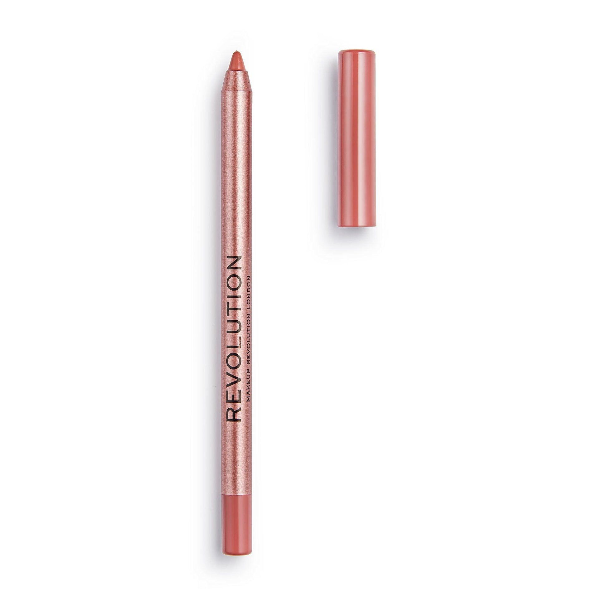 Revolution Satin Kiss Lipliner in Chauffeur, a smooth, richly pigmented light brown nude pencil, perfect for defining lips.