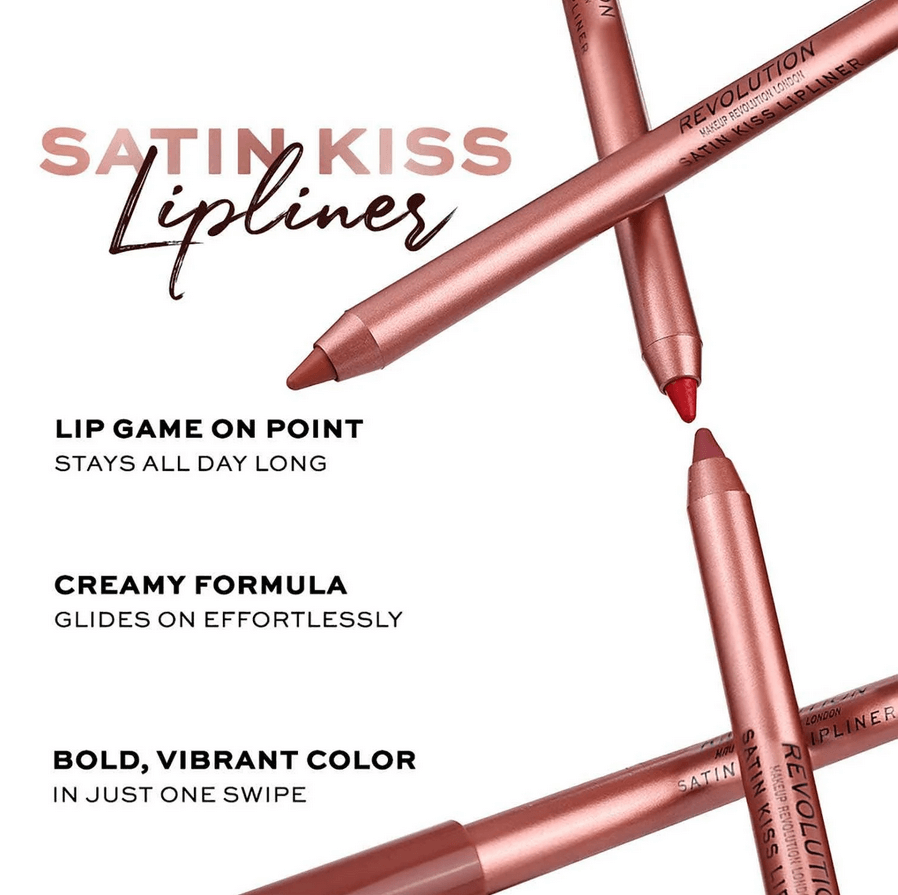 Revolution Satin Kiss lipliners with product details on a white background