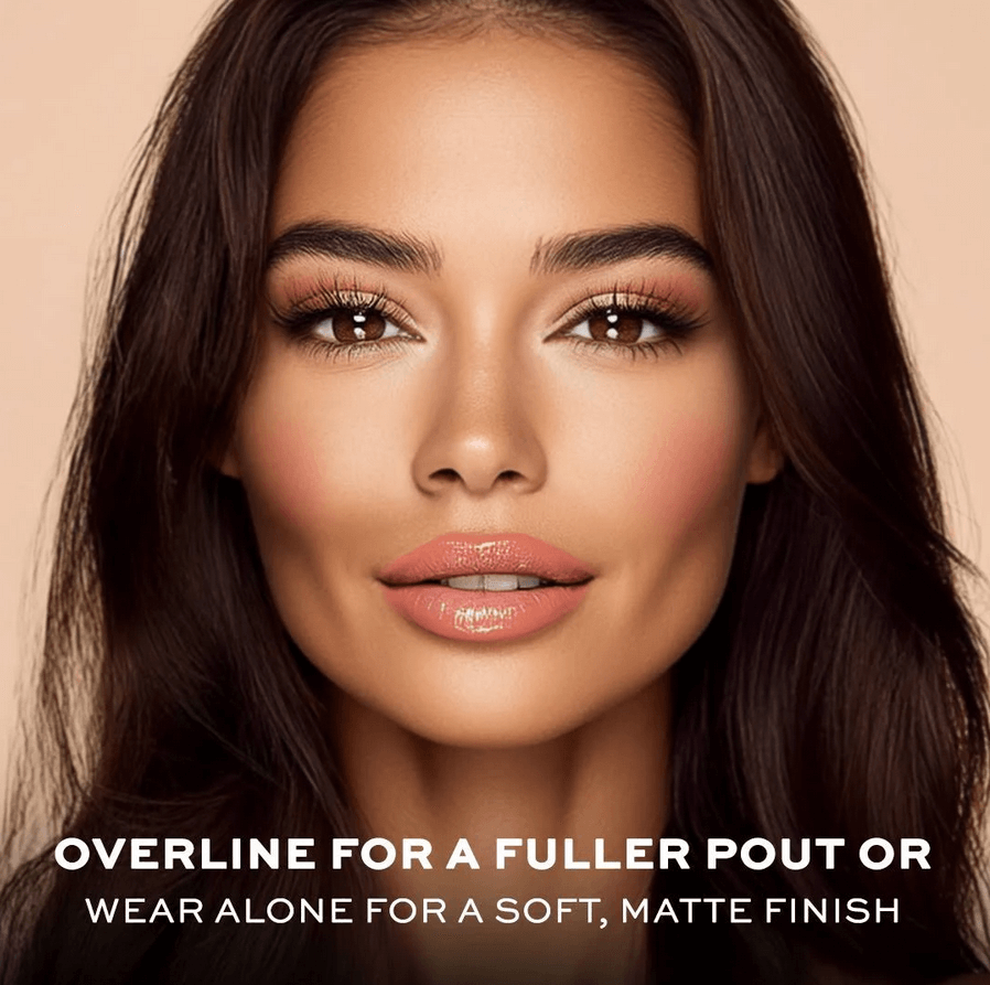 Woman with Revolution makeup text overlay on a beige background