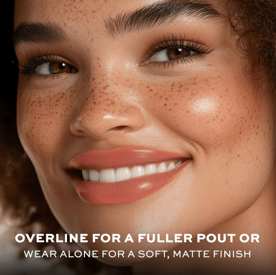 Close-up of a woman's face with text about Revolution lip product application.