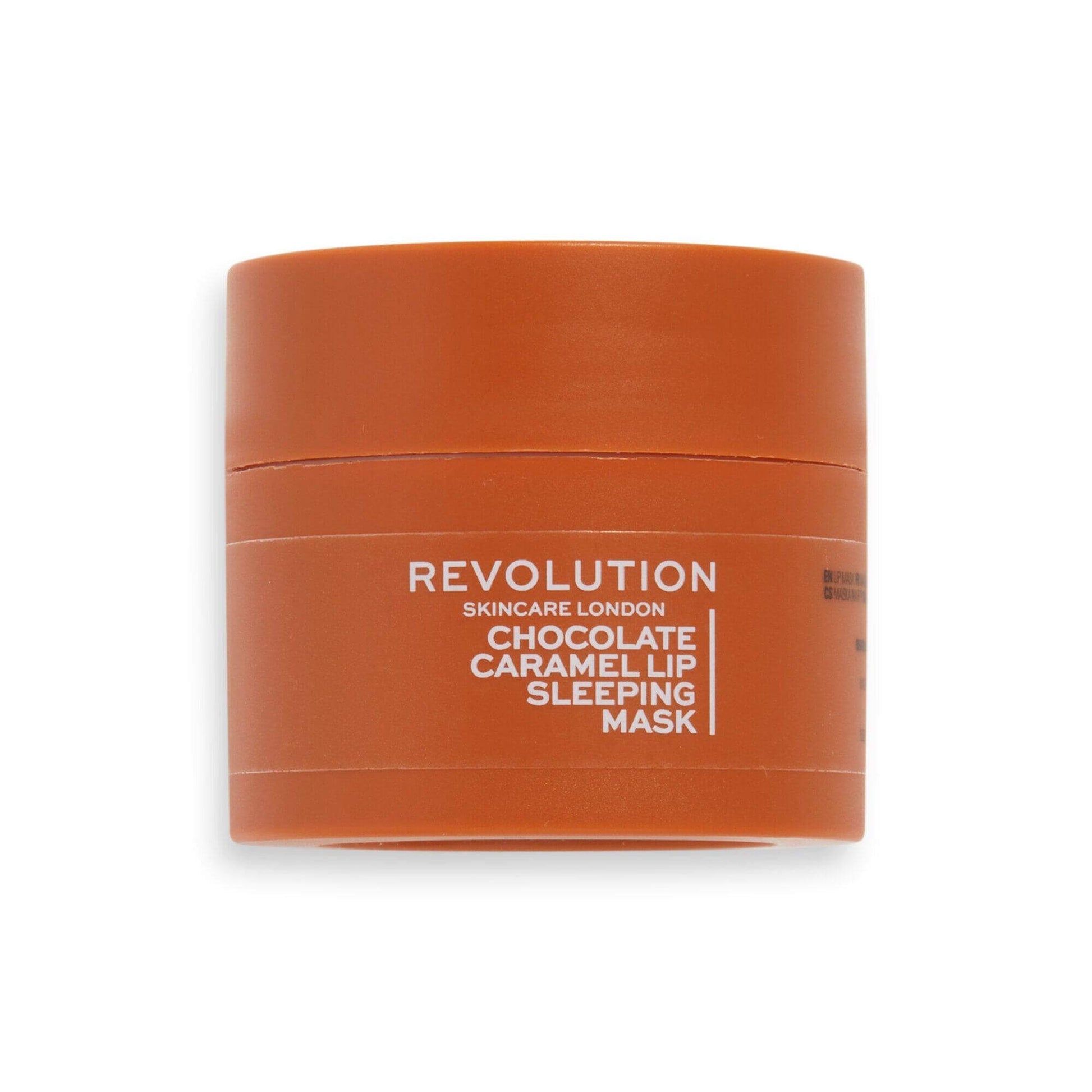 Revolution Skincare Chocolate Caramel Lip Sleeping Mask in luxurious jar for soft, supple lips overnight.