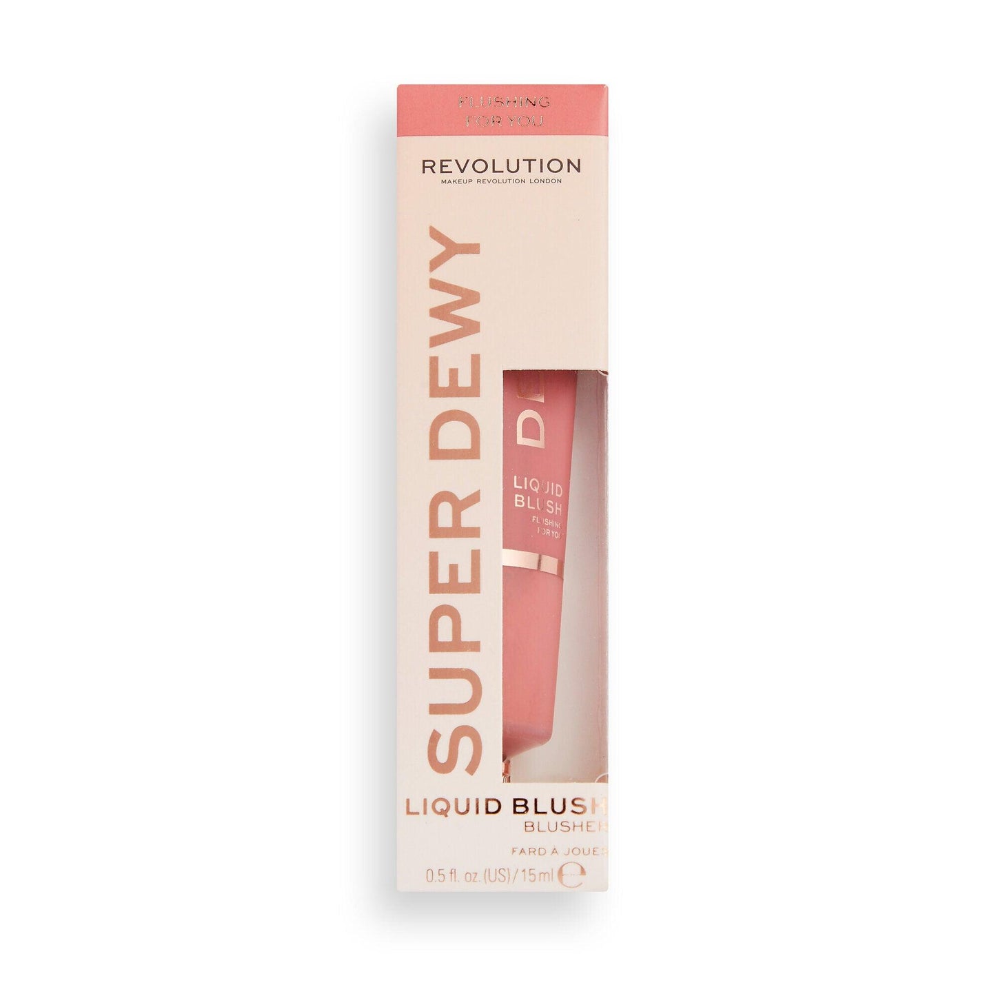Revolution Superdewy Liquid Blush packaging showcasing a light pink liquid blush tube, ideal for a natural flushed look.