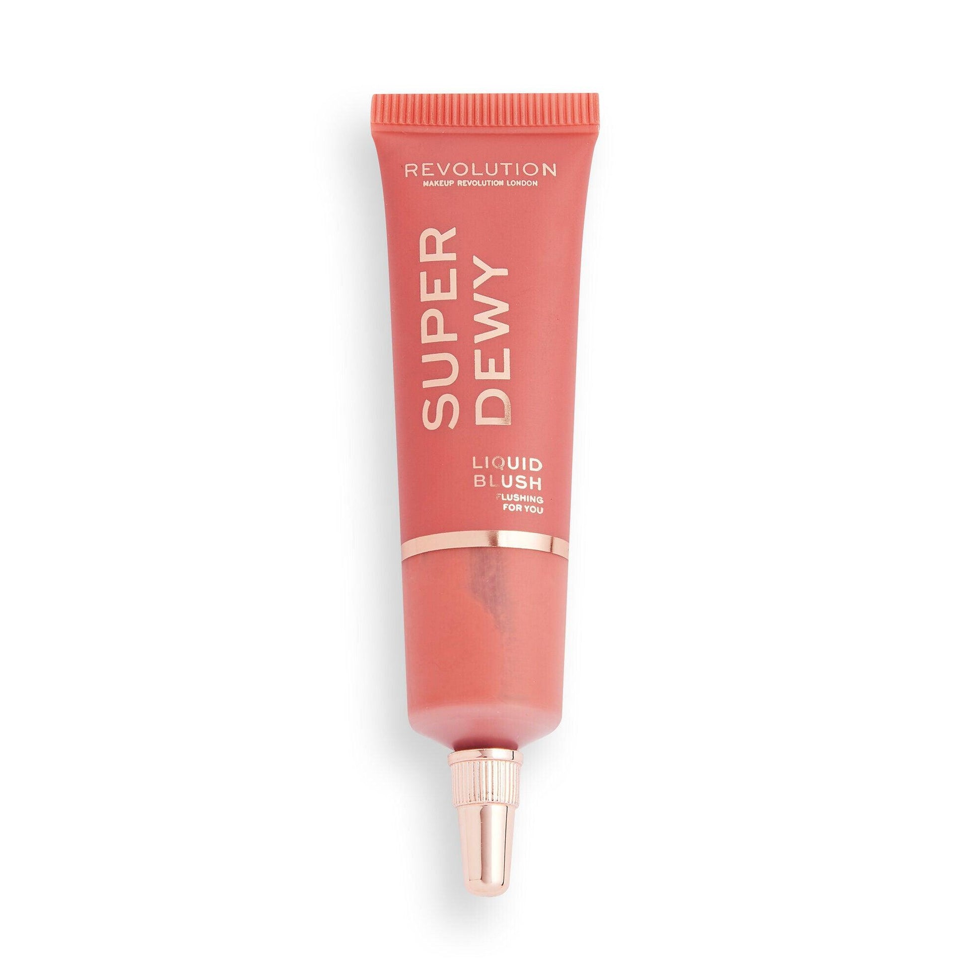 Revolution Superdewy Liquid Blush in Flushing For You, ultra-pigmented, buildable for a natural flushed finish.