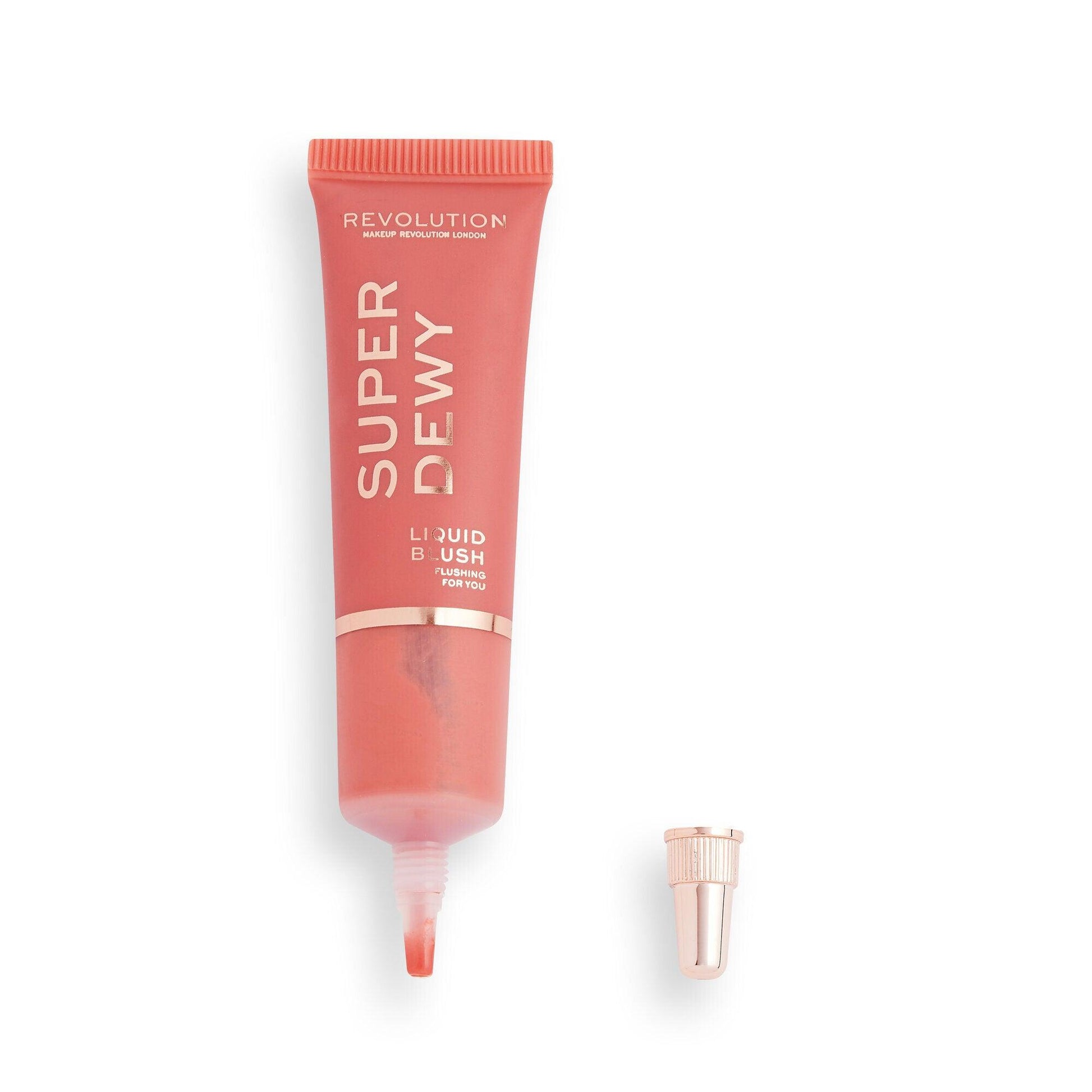 Revolution Superdewy Liquid Blush in Flushing For You, ultra-pigmented liquid formula for a natural flushed look.
