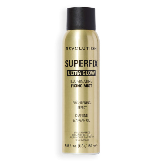 Revolution Superfix Ultra Glow Fixing Mist in a sleek gold bottle for radiant makeup and skin brightness.