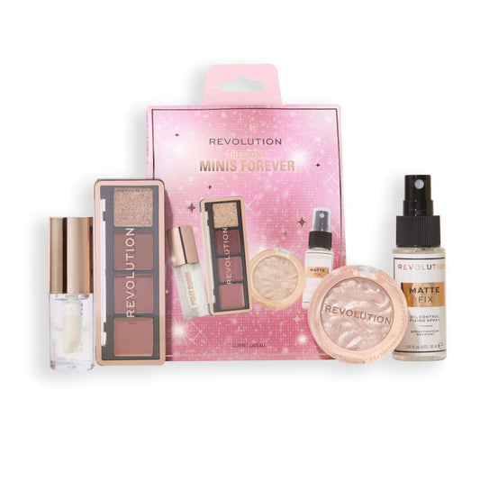Revolution The Icons Minis Forever beauty essentials set featuring mini products for on-the-go routines.