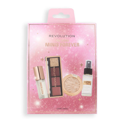 Revolution The Icons Minis Forever beauty essentials travel set with various mini products.