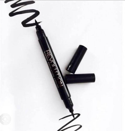 Revolution Thick & Thin Double Flick Liquid Eyeliner with sleek design and bold black ink on white background.
