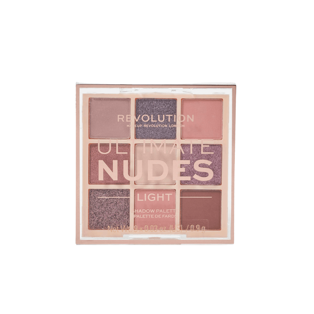 Revolution Ultimate Nudes Shadow Palette Light featuring nine soft nude shades for versatile makeup looks.
