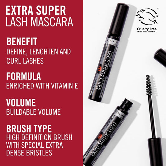 Rimmel Extra Super Lash Mascara with product details on a red background
