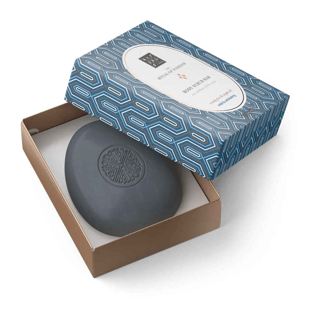 RITUALS Hammam Body Scrub Bar in elegant packaging, showcasing the luxurious exfoliating soap for glowing skin.