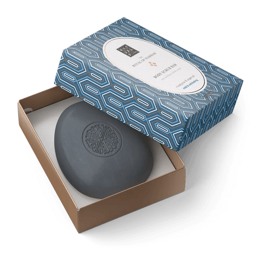 RITUALS Hammam Body Scrub Bar in elegant packaging, showcasing the luxurious exfoliating soap for glowing skin.