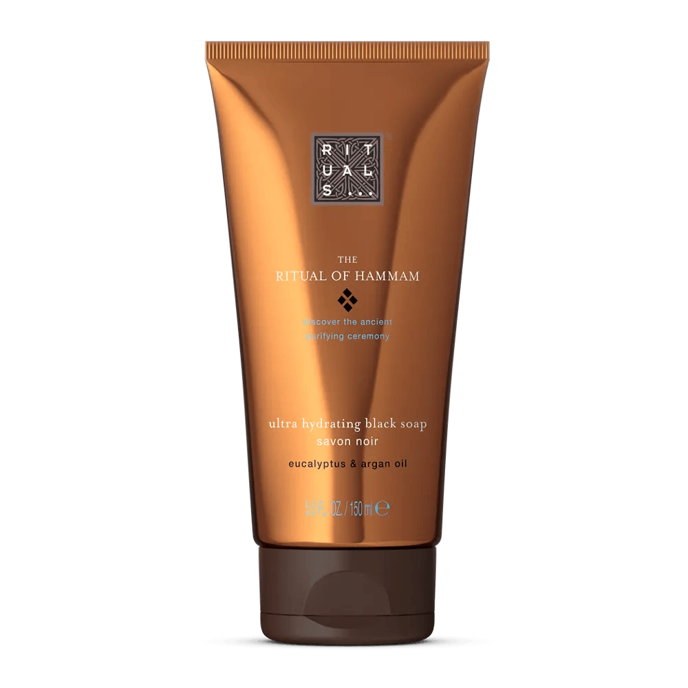 RITUALS The Ritual of Hammam Black Soap 150ml with eucalyptus and argan oil for deep cleansing and hydration.