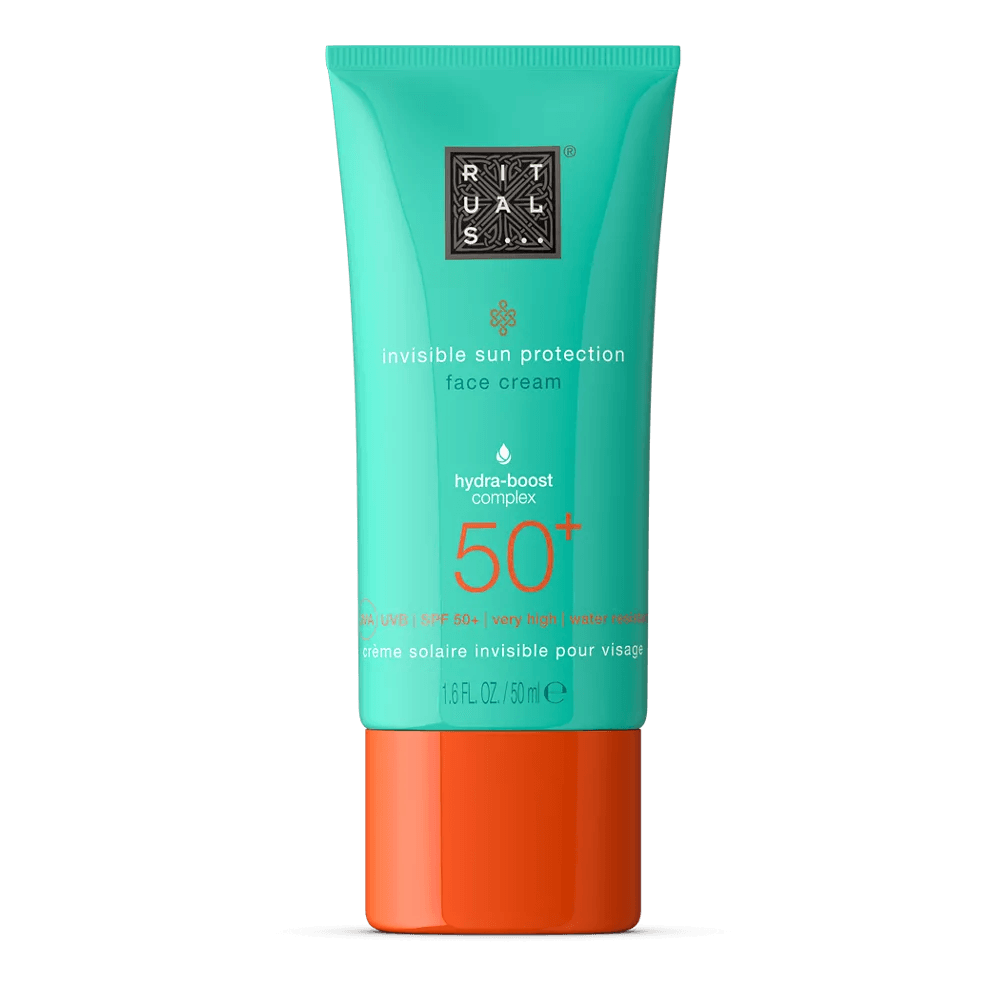 RITUALS The Ritual of Karma Sun Face Cream SPF 50+ tube with Hydra-Boost Complex for sun protection and hydration.