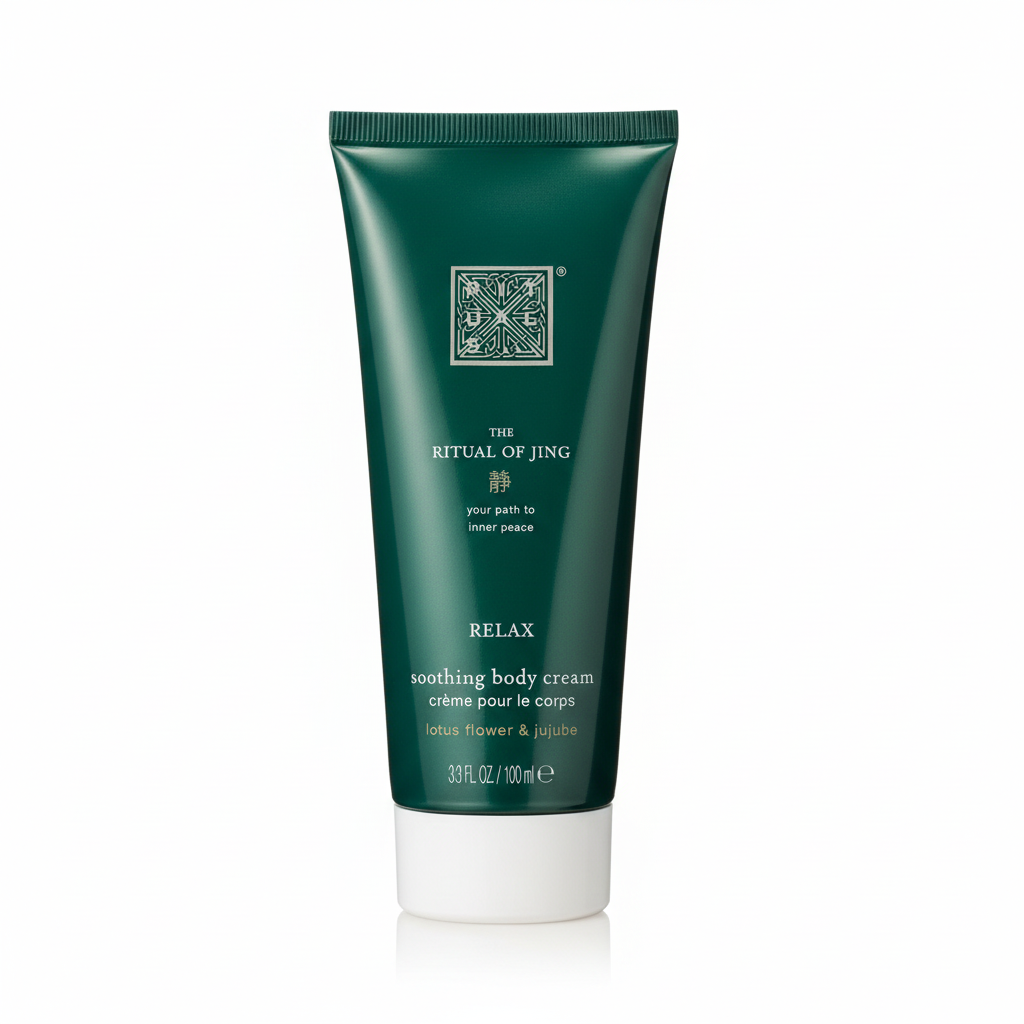 Green tube of 'The Ritual of Jing' soothing body cream on a white background