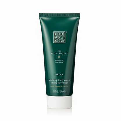 Green tube of 'The Ritual of Jing' soothing body cream on a white background