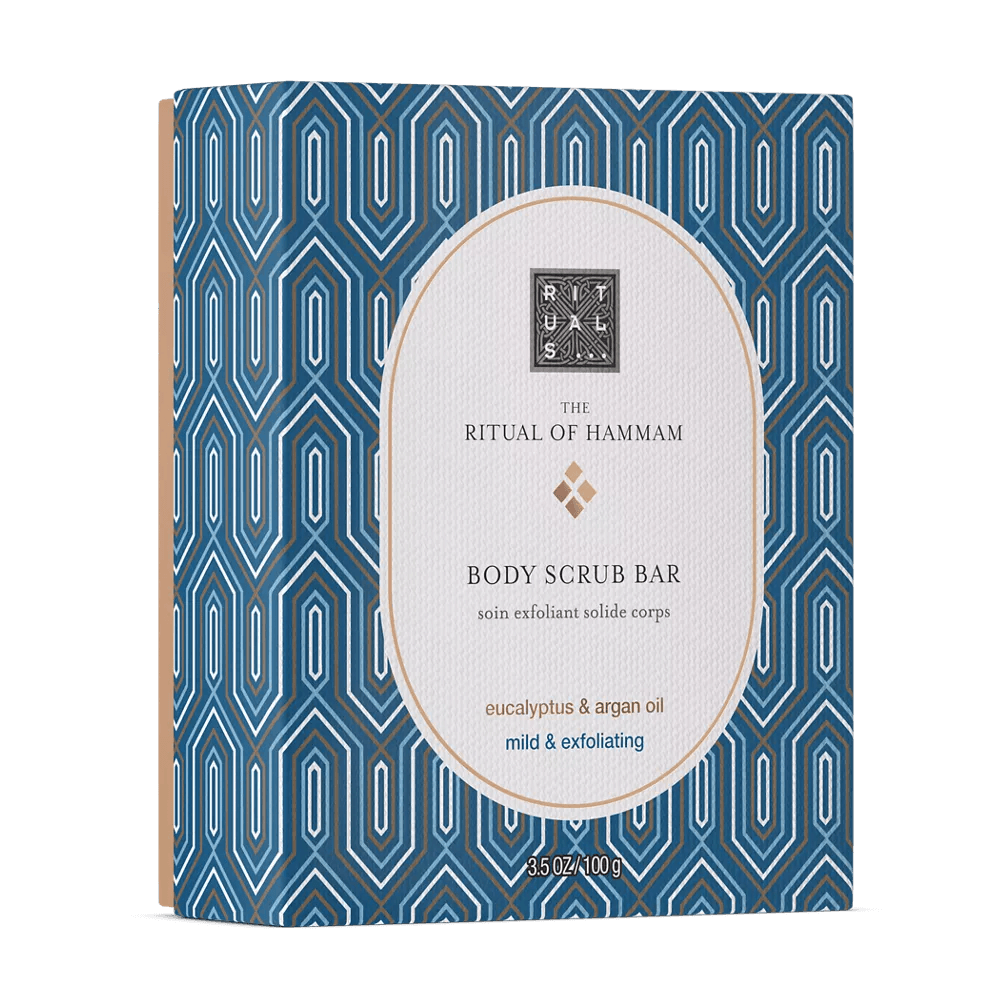 RITUALS The Ritual of Hammam Body Scrub Bar packaging with eucalyptus and argan oil for exfoliation.