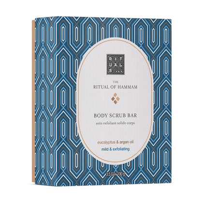 RITUALS The Ritual of Hammam Body Scrub Bar packaging with eucalyptus and argan oil for exfoliation.