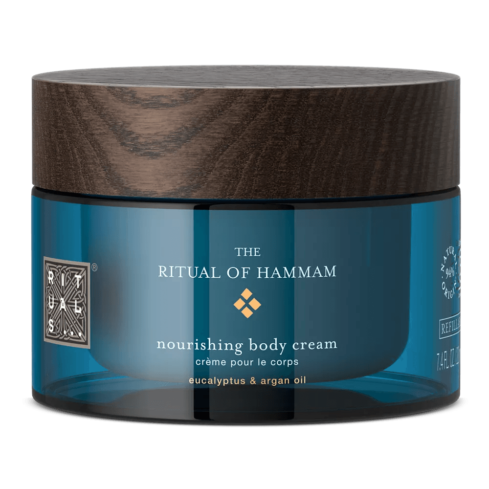 RITUALS The Ritual of Hammam nourishing body cream jar with eucalyptus and argan oil for skin hydration.