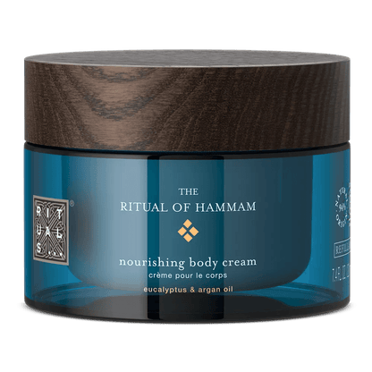 RITUALS The Ritual of Hammam nourishing body cream jar with eucalyptus and argan oil for skin hydration.