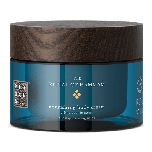 RITUALS The Ritual of Hammam nourishing body cream jar with eucalyptus and argan oil for skin hydration.