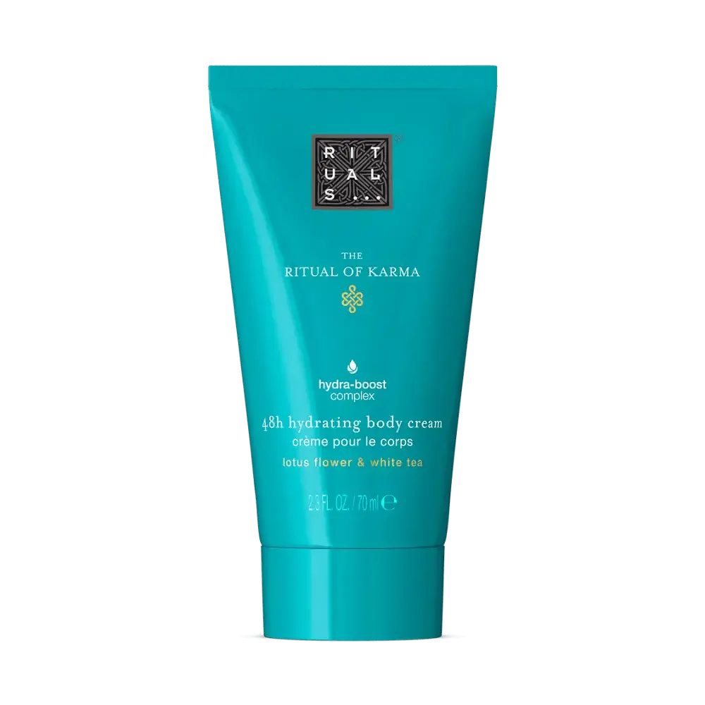 RITUALS The Ritual of Karma body cream 70ml with lotus flower and white tea for 48H hydration. Luxurious skincare product.