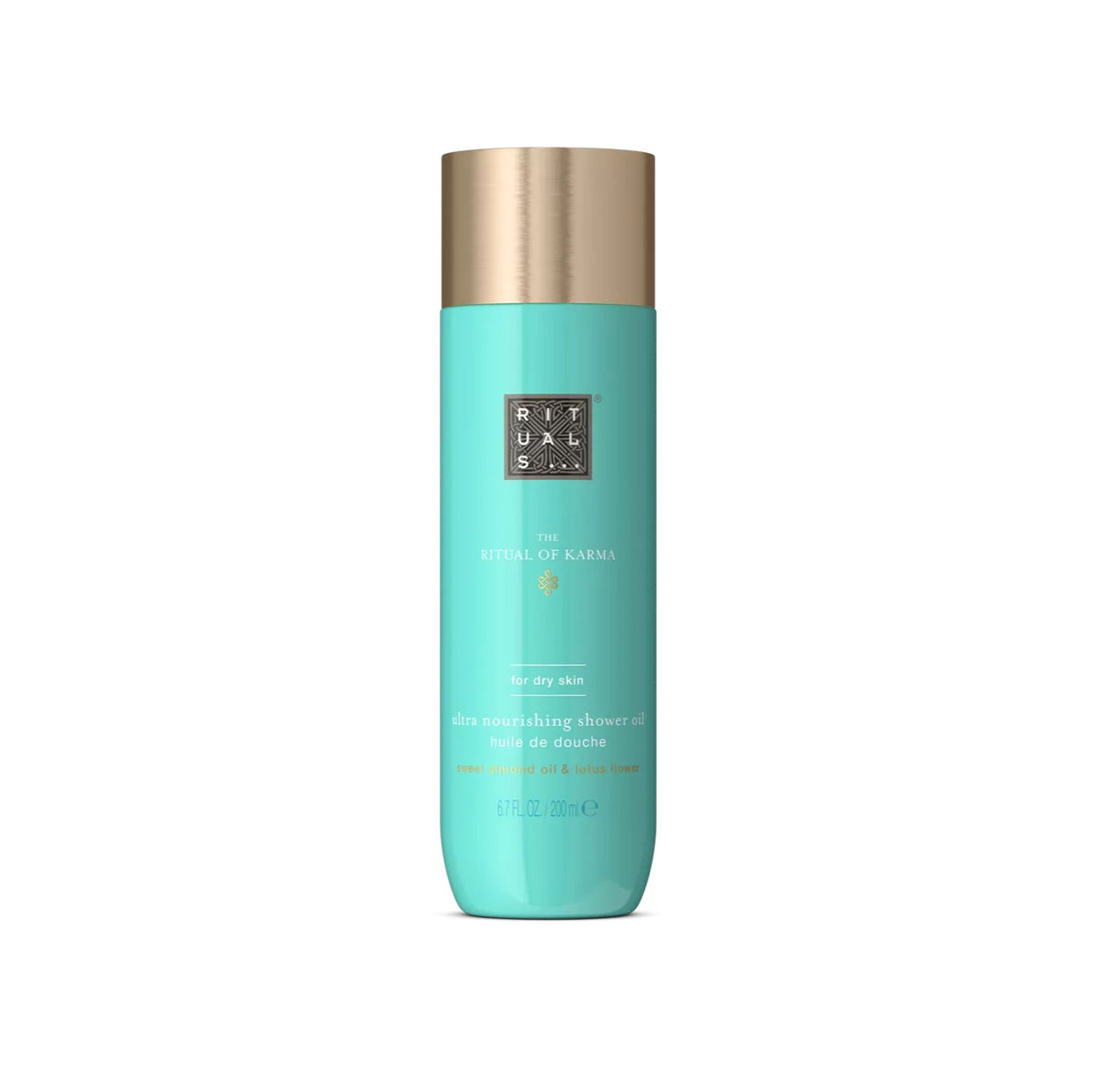 Turquoise shampoo bottle with gold cap on a white background