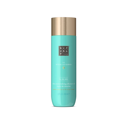 Turquoise shampoo bottle with gold cap on a white background