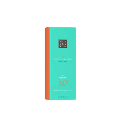RITUALS Karma Sun Face Cream SPF 50+ packaging with aqua and orange design, offering invisible sun protection for the skin.