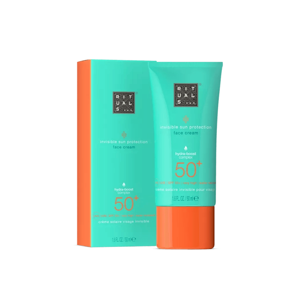 RITUALS The Ritual of Karma SPF 50+ face cream packaging with hydra-boost complex for sun protection.
