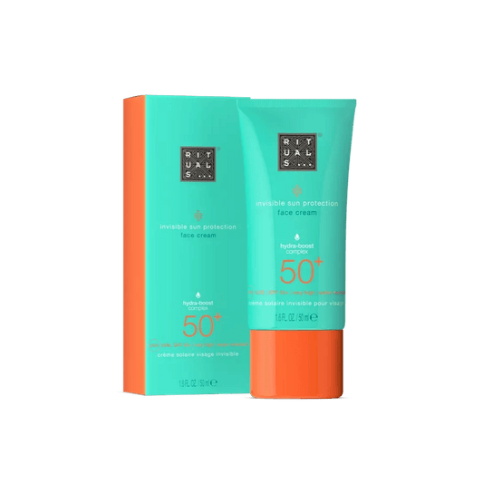 RITUALS The Ritual of Karma SPF 50+ face cream packaging with hydra-boost complex for sun protection.