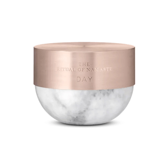 RITUALS The Ritual of Namaste Anti-Ageing Day Cream 50ml luxurious jar design with marble base and rose gold lid.
