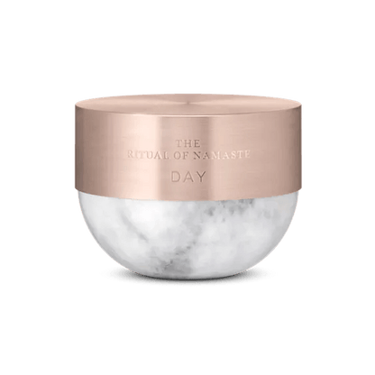 RITUALS The Ritual of Namaste Anti-Ageing Day Cream 50ml luxurious jar design with marble base and rose gold lid.