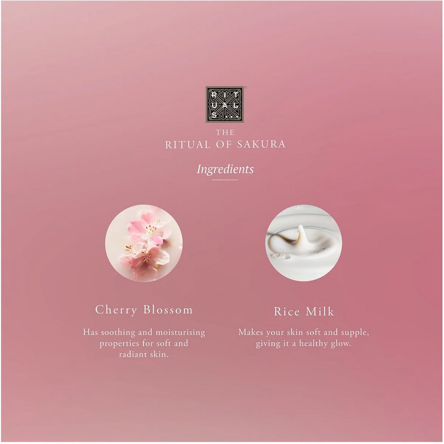 Product packaging for RITUALS 'The Ritual of Sakura' with cherry blossom and rice milk ingredients on a pink background.