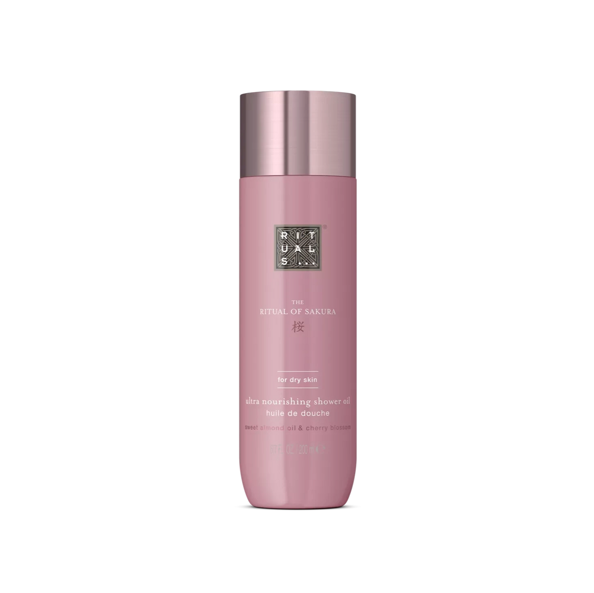Pink bottle with brand logo on a white background