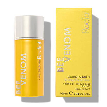 Rodial Bee Venom Cleansing Balm 100ml in yellow packaging for gentle makeup removal and skin firming.