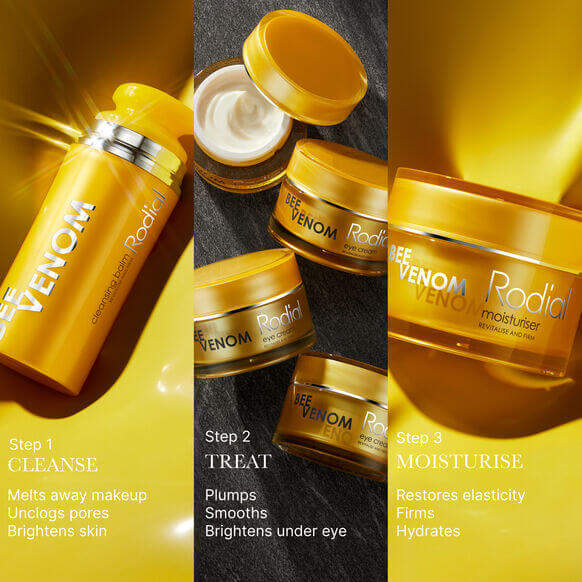 Rodial Bee Venom skincare range: cleansing balm, eye treatment, moisturiser for glowing, firm skin.