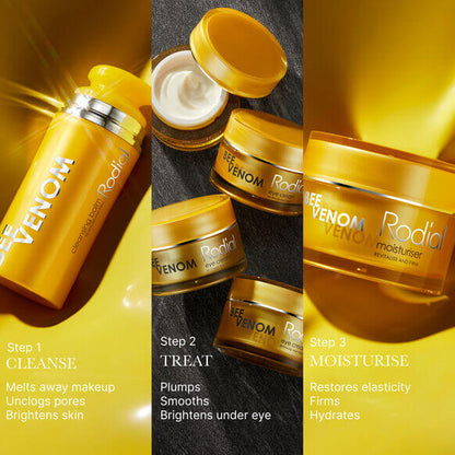 Rodial Bee Venom skincare range: cleansing balm, eye treatment, moisturiser for glowing, firm skin.