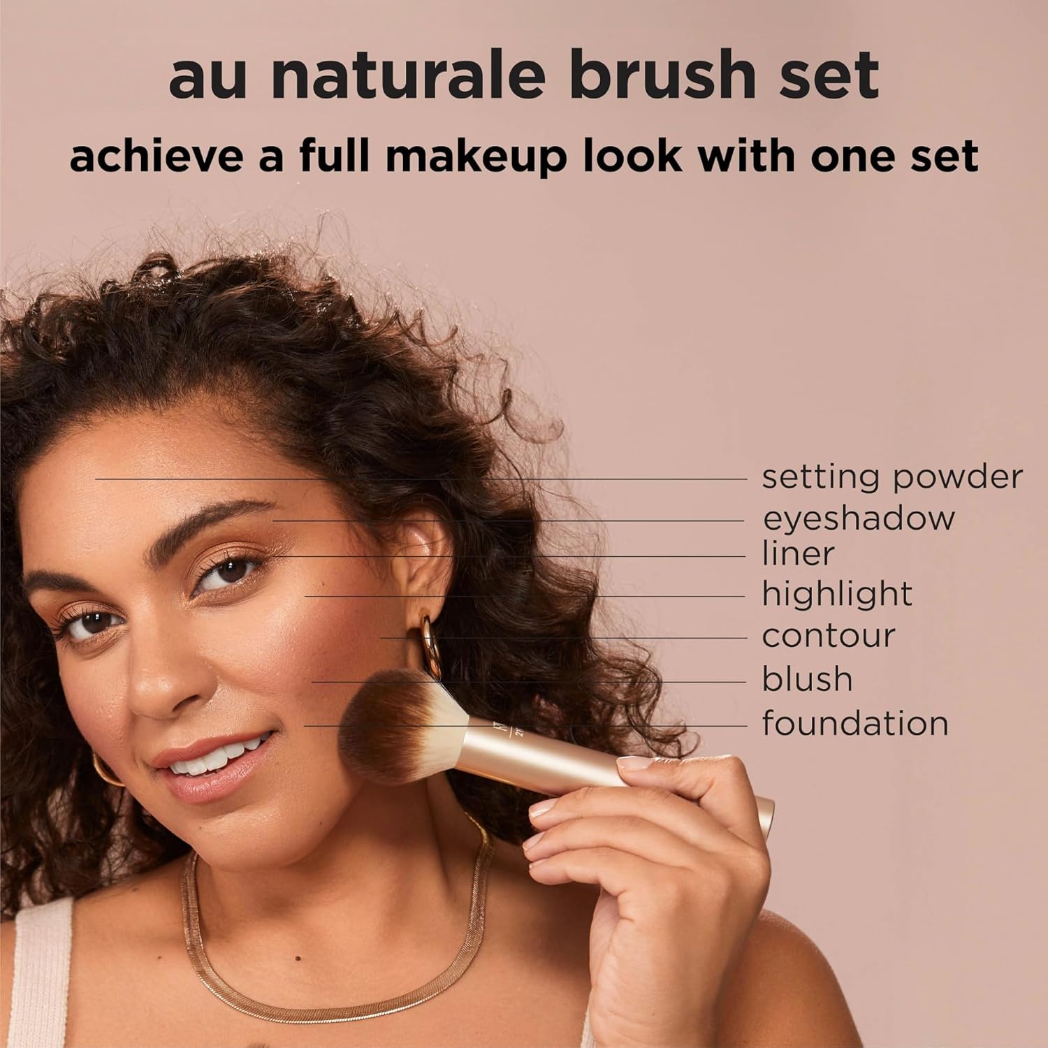 Woman applying makeup with a brush on a beige background, featuring text about a makeup set.