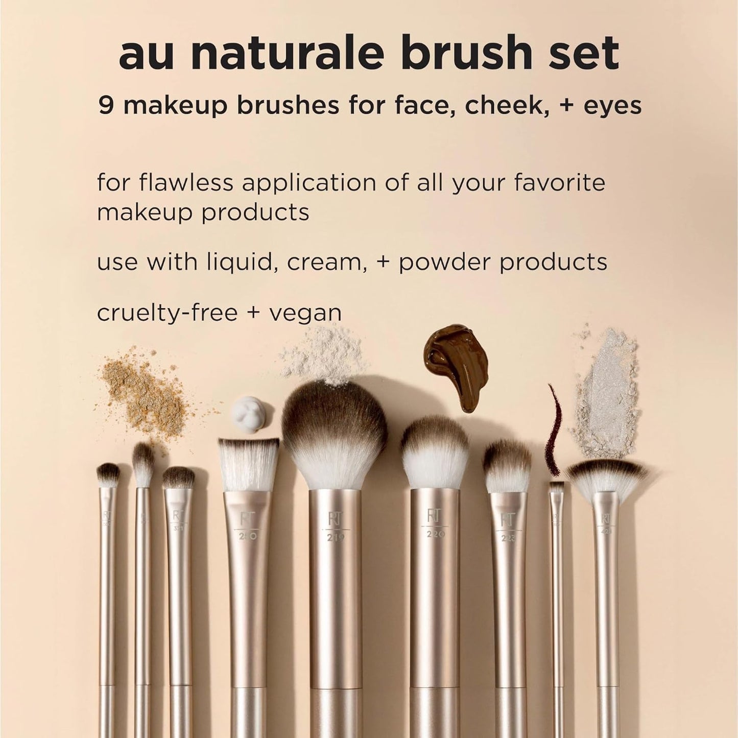 Au Naturale makeup brushes set with text on a beige background